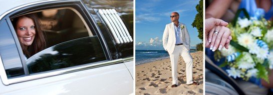 Bride's arrival in limon and an expectant Groom awaits her on the beach at wedding in Barbados