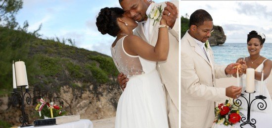 Bride and groom light their unity candle, and then dance to their own music on beach wedding