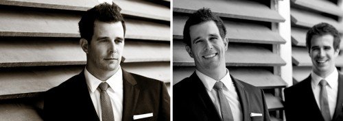 horizontal lines in black & white frame groom anbd best man before wedding ceremony